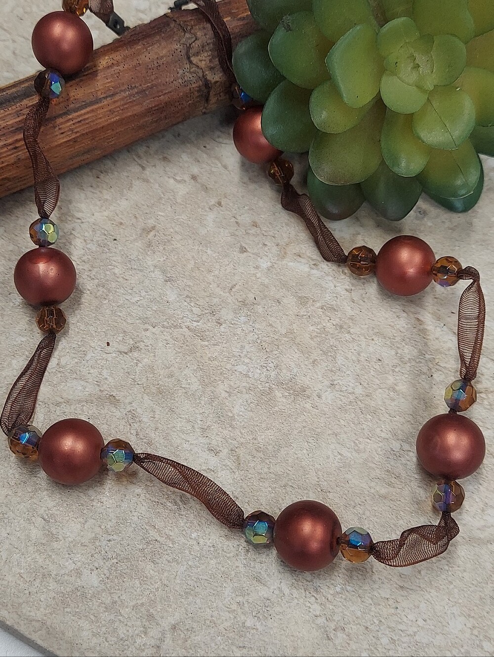 N4162 Ribbon Necklace with Aurora Borealis Beaded Iridescent Accents